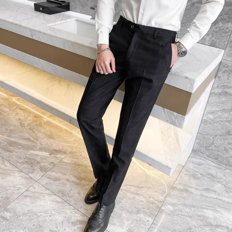 Brand Mens Striped Flat Pants Four Seasons High Quality Business Close Up Light Grey Straight 240827