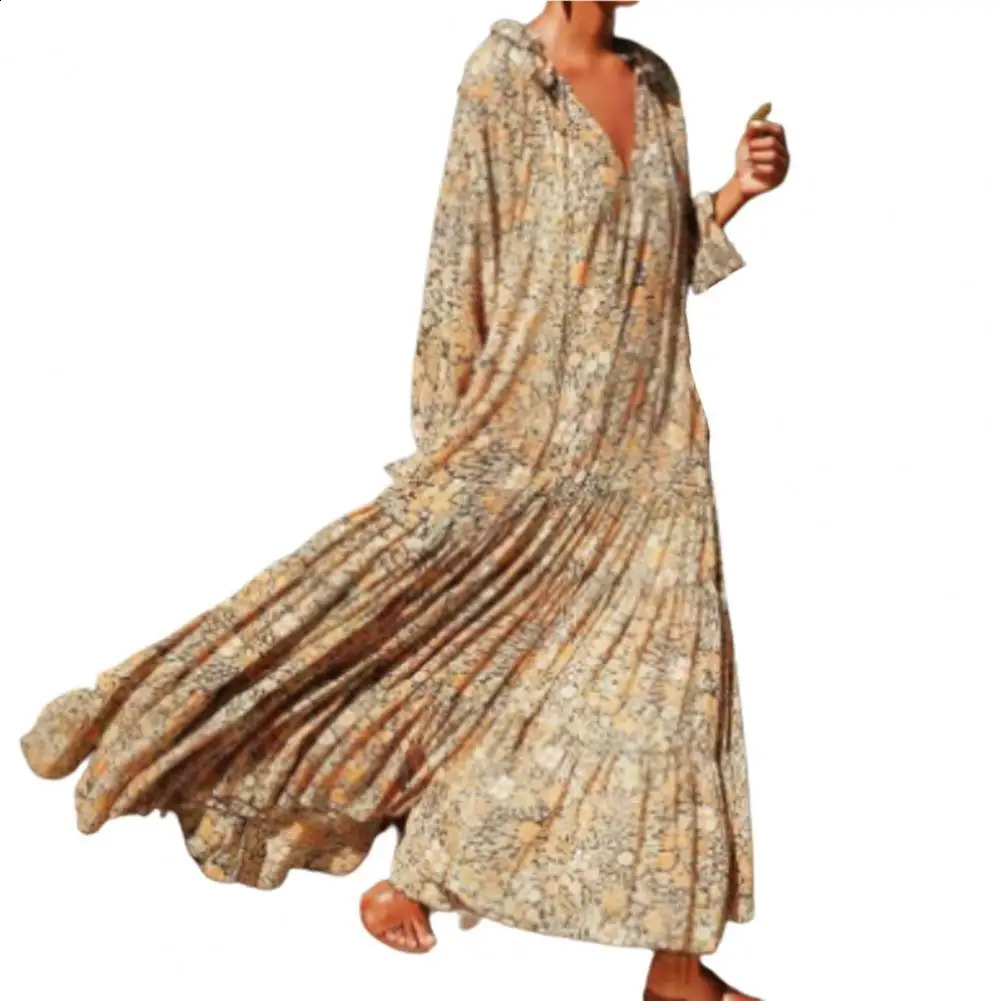 V-neck long sleeved dress with large hem bohemian floral print pleated decorative pocket dress 240827