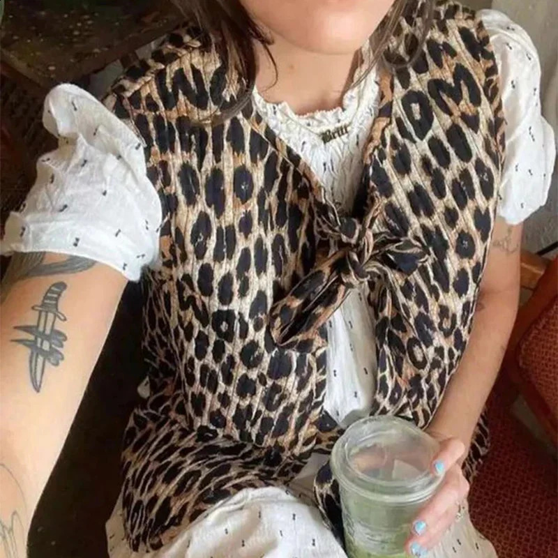 Lamuusaa Leopard Waistcoat y2k womens round neck sleeveless lace up top 2000s fashion streetwear 240828