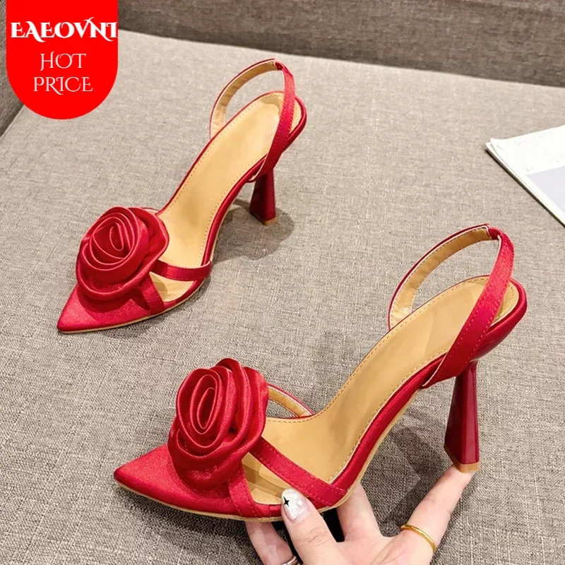 Summer Fashion Silk Rose Flowers Pointed Open Toe Back Strap Sandals Womens Red High Heels Wedding Promotion Shoes Zapatos Mujer 240827