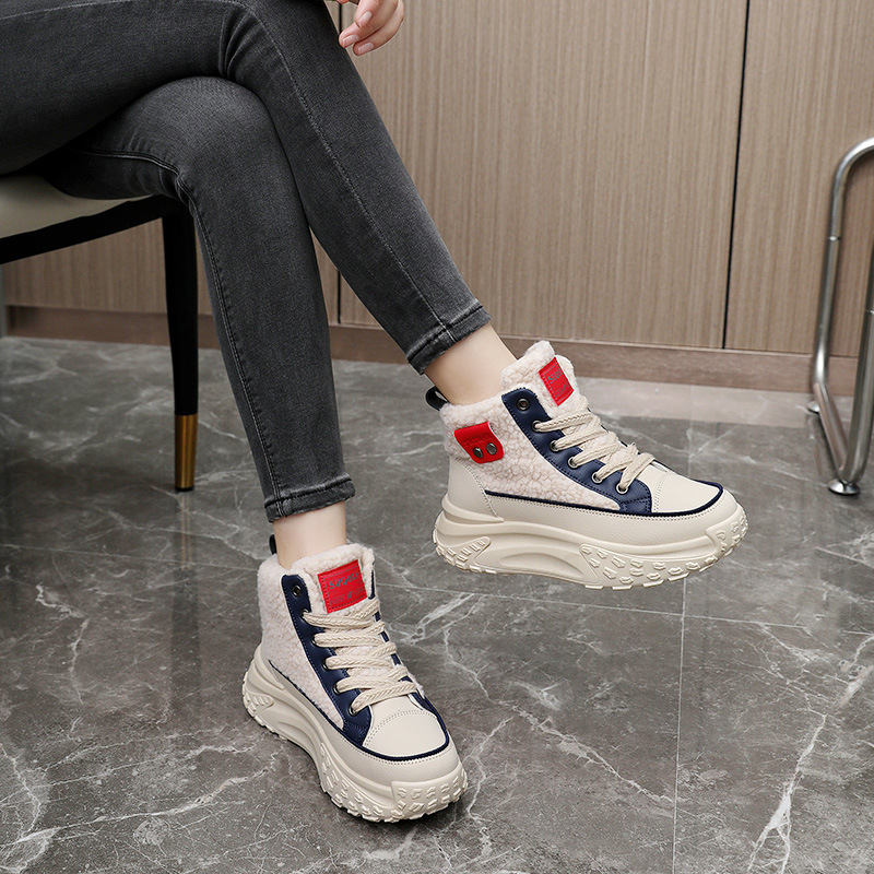 Ddmysports K New Winter Igh Top Women S With Velvet Cotton Shoes Warmth Preservation Lamb Fleece Thick Sole Eightened Korean Edition Instagram For Stu