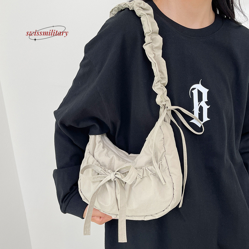 Swissmilitary Wrinkled bow girl's bag with versatile temperament, made of nylon fabric, designed for students to shoulder and armpit cross carry 