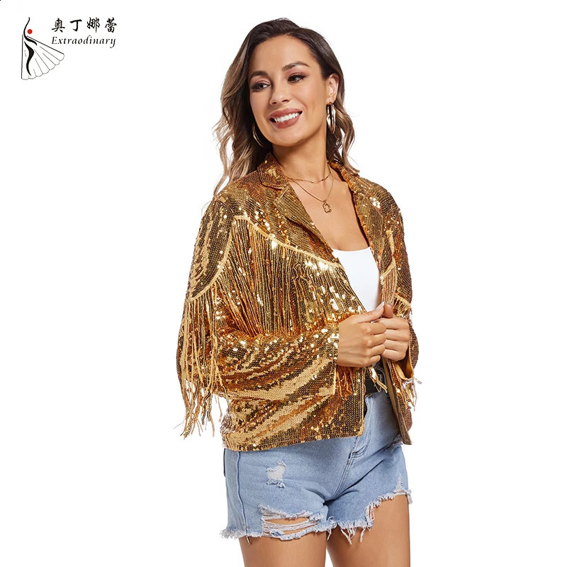 Womens sequined edge jacket long sleeved tassel sparkling party disco suit retro jacket 240827