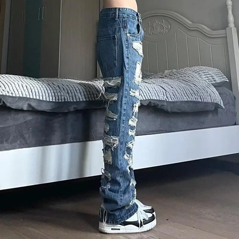 American style ripped old jeans loose 100 pants mens streetwear pocket Y2k torn 240827
