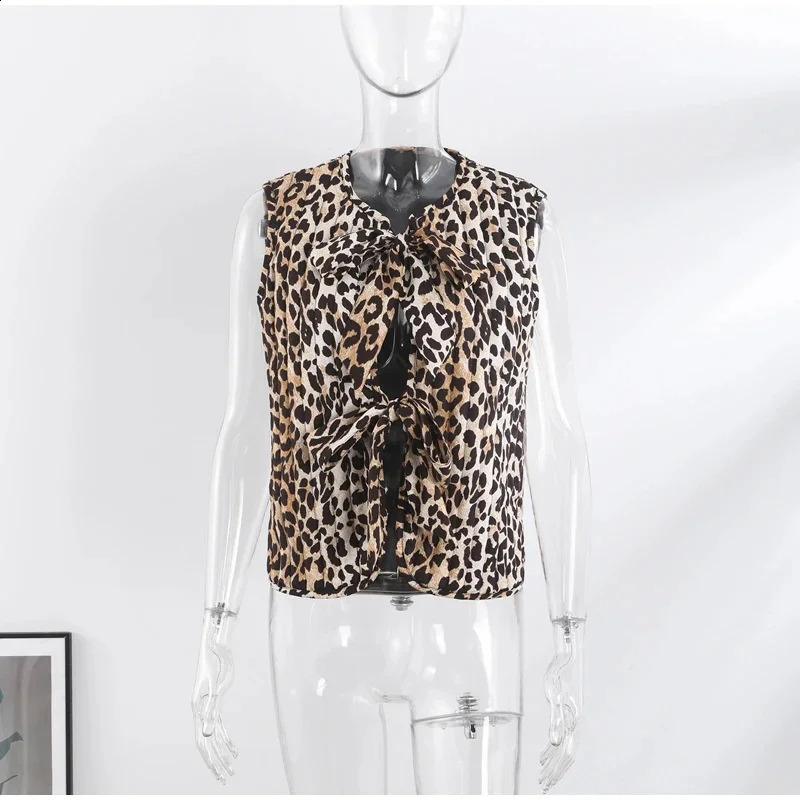Lamuusaa Leopard Waistcoat y2k womens round neck sleeveless lace up top 2000s fashion streetwear 240828