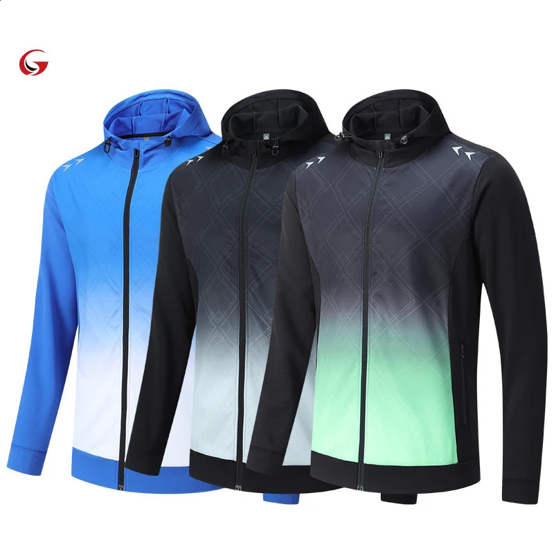 Customized fashionable mens windproof hooded jacket with zipper polyester outdoor running tracking suit B93 240827