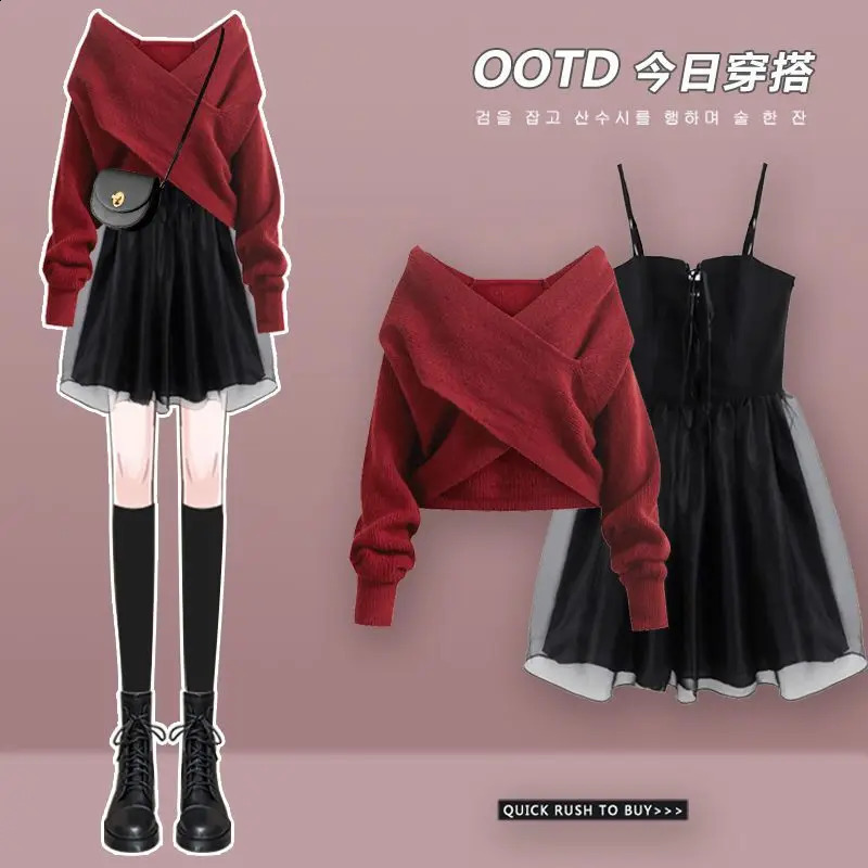 springsummer loose knit shawl sweater mini pleated short skirt twopiece set elegant womens skiing suit sexy dress 240827