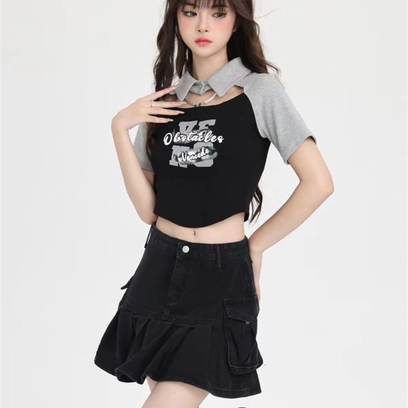 Womens summer Y2k casual T-shirt long sleeved Japanese polo neck ultra-thin suitable for latte art womens crop tops street clothing Kawaii clothing 24