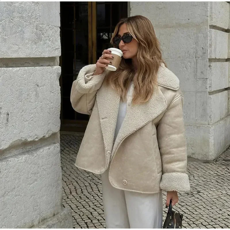 Suninhart Womens Fashion Thick Jacket Flip Collar Single breasted Warm Jacket Casual Double sided Suede Coat Womens Clothing 240827