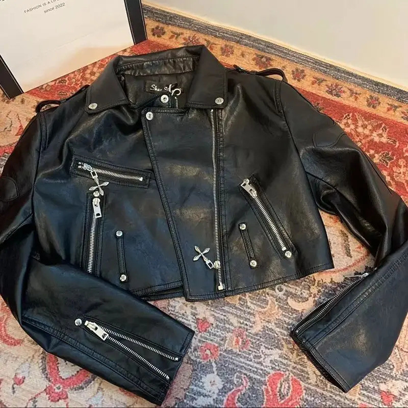 Spring/Autumn Leather Jacket Womens Short Fashion Motorcycle Coat Ultra Thin 240827