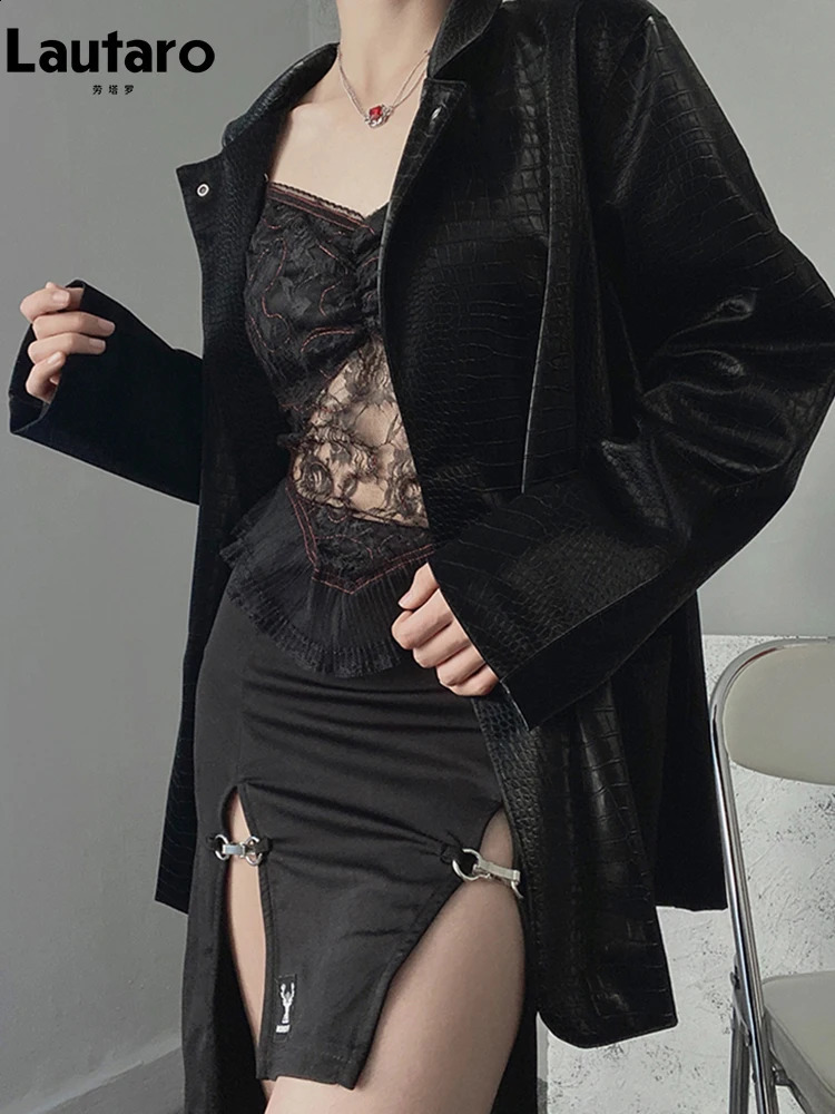 Lautaro Spring Autumn Cool Reflective Print Pu Leather Jacket Womens Shoulder Pads Long Sleeve Chain 240827
