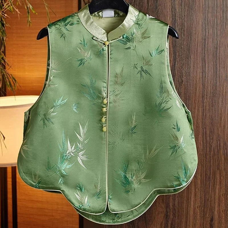 Chinese style womens Song Jin vest green round neck button printed sleeveless top autumn fashion Zen style vest 240828