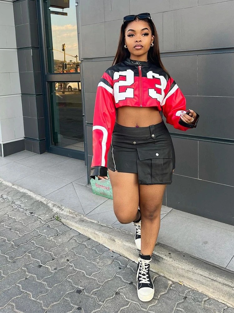 Printed fashion zipper womens leather jacket casual round neck short sleeved jacket autumn motorcycle jacket 240827