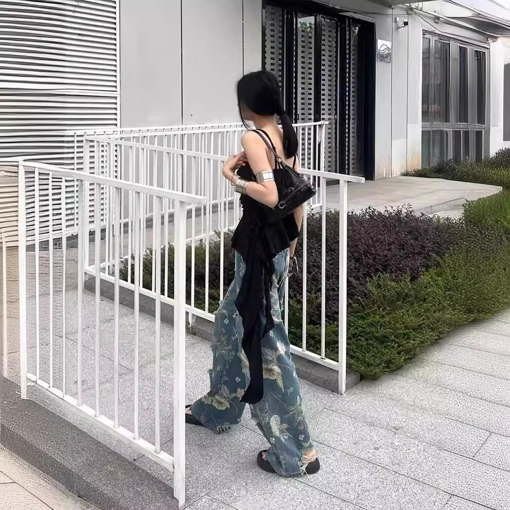 American Vintage Floral Graffiti Print Distressed Jeans for Women Summer Design High Waist Loose Straight Leg Wide Leg Floor-Length Pants