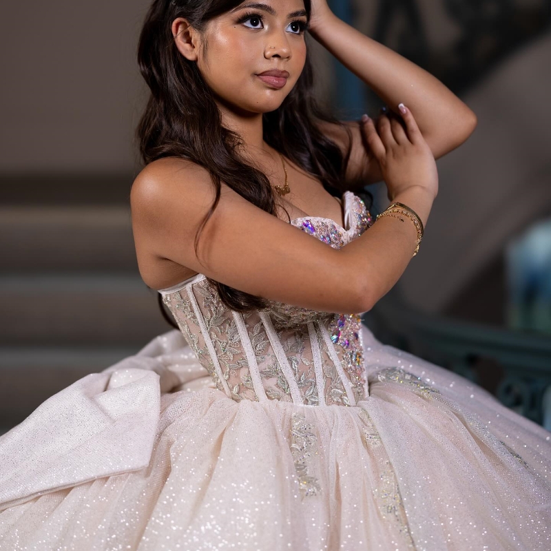 Ivory Princess Quinceanera Dresses Off Shoulder Gillter Lace Bow Beads Crystal Corset Tull Lace-up vestidos de 15 anos Sweet 16 Dress