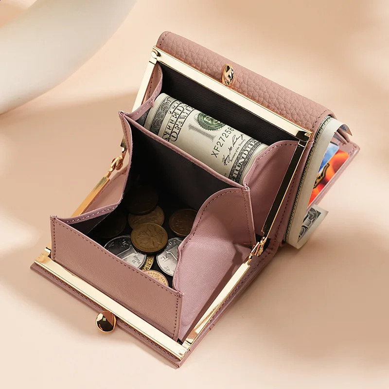 Women Kiss Lock Wallet Short Leather Kiss Clasp Metal Frame Coin Purse Small Card Holder Rfid Blocking Trifold Wallets for Women 240828