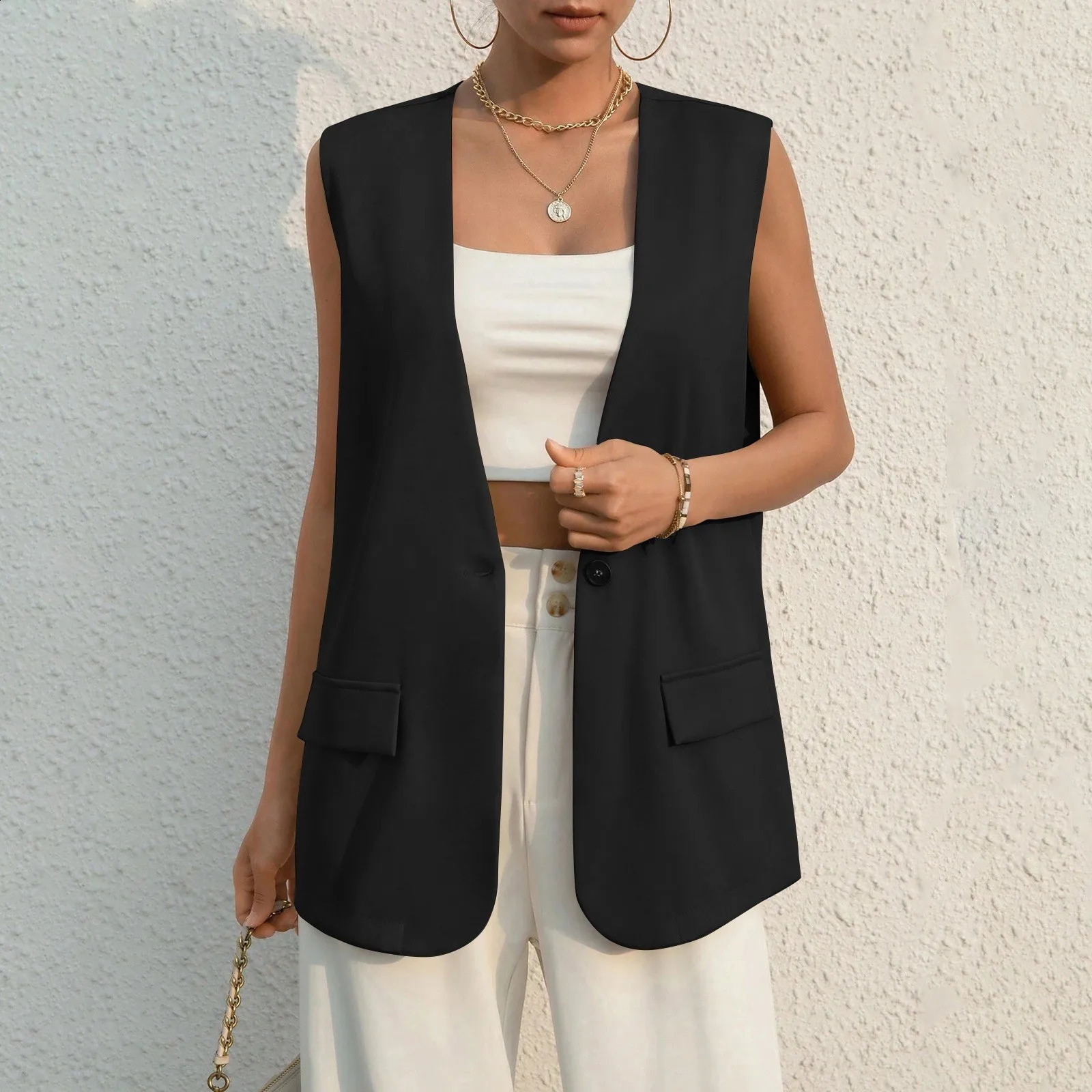 Womens jacket pink fashionable single button top retro V-neck sleeveless jacket fashionable womens vest 240828