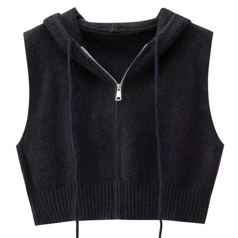 Hooded Waistcoat Knitted vest cardigan Womens shirt Spring and Autumn loose sleeveless sweater Grey jacket 240828