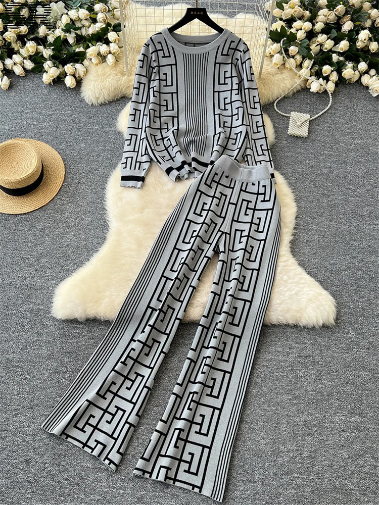 SINGREENY Geometric Maze Printed Two Piece AutumnWinter Oneck SweaterPants Womens Casual Fashion Knitted Set 240827