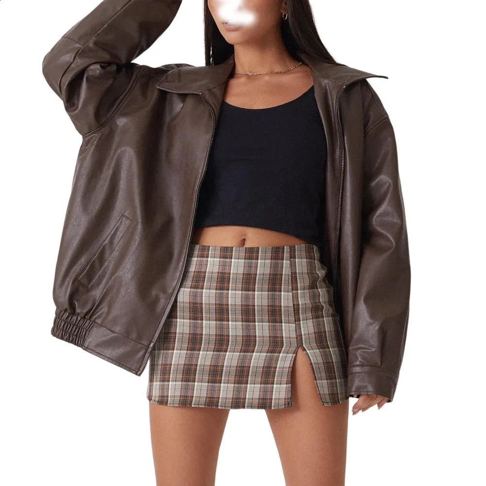 Womens artificial leather jacket casual zipper bomber motorcycle jacket outerwear fashionable autumn and winter clothing 240827