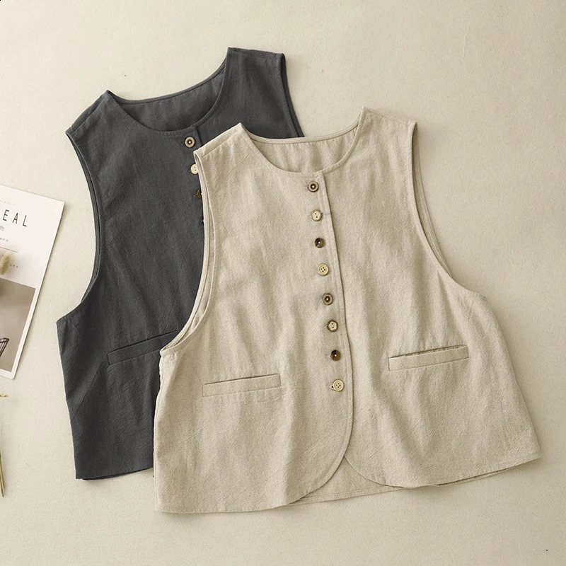 Cotton linen sleeveless solid color shirt jacket for womens spring and autumn literature loose plus size temperature circle 240828