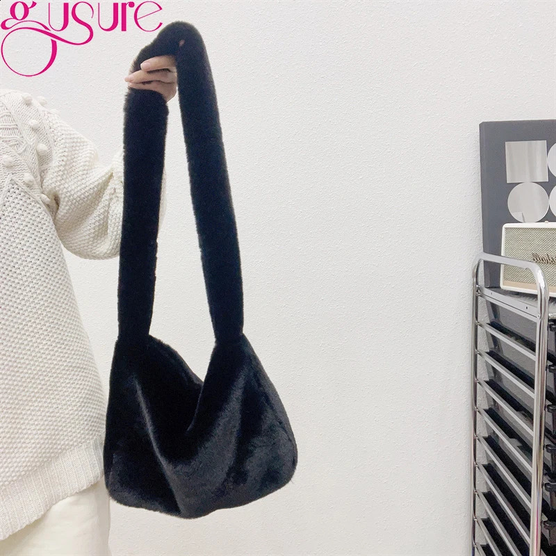 Gussure Soft Plush Underwear Bag for Women Warm Fur Shoulder Cross Body Bag Fashionable Womens Winter Large Capacity Shopping Handbag 241204