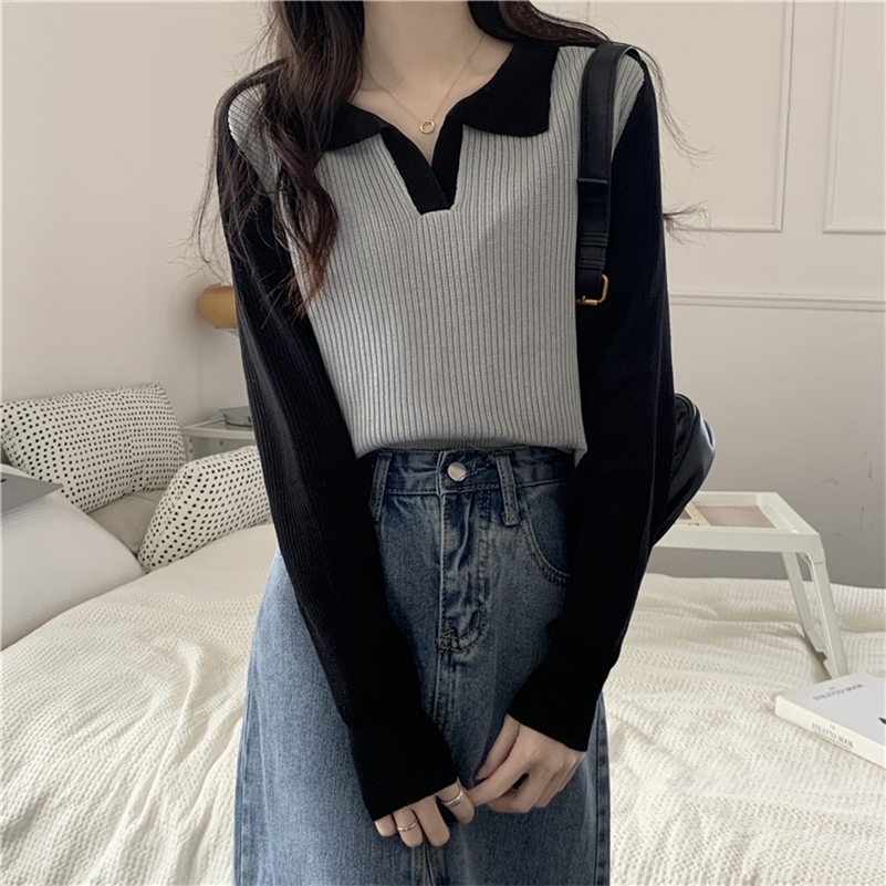 Womens Autumn Colorful Lock Polo Collar Long Sleeve Knitted Womens Top T-shirt Y2k Top 240827
