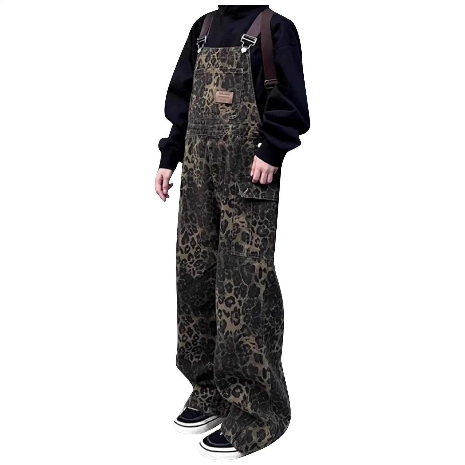 Womens retro leopard print jumpsuit spring clothing denim Harajuku Overalls Korean Streetwear High Waist Wide Jean Long Pants 240827