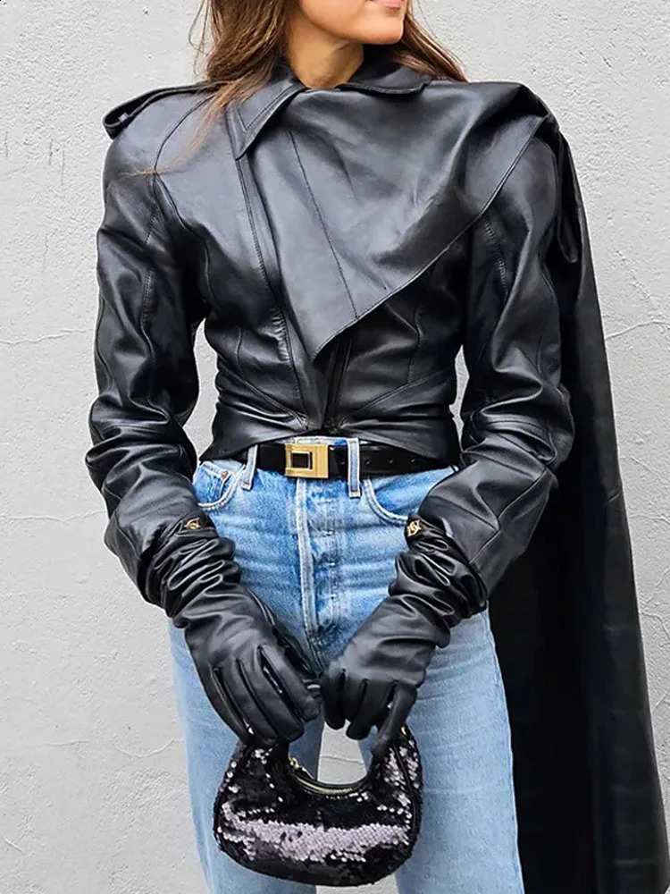Pu leather open top jacket womens retro cape shawl collar jacket zipper womens spring fashion ultra-thin cool street clothing womens top 240827