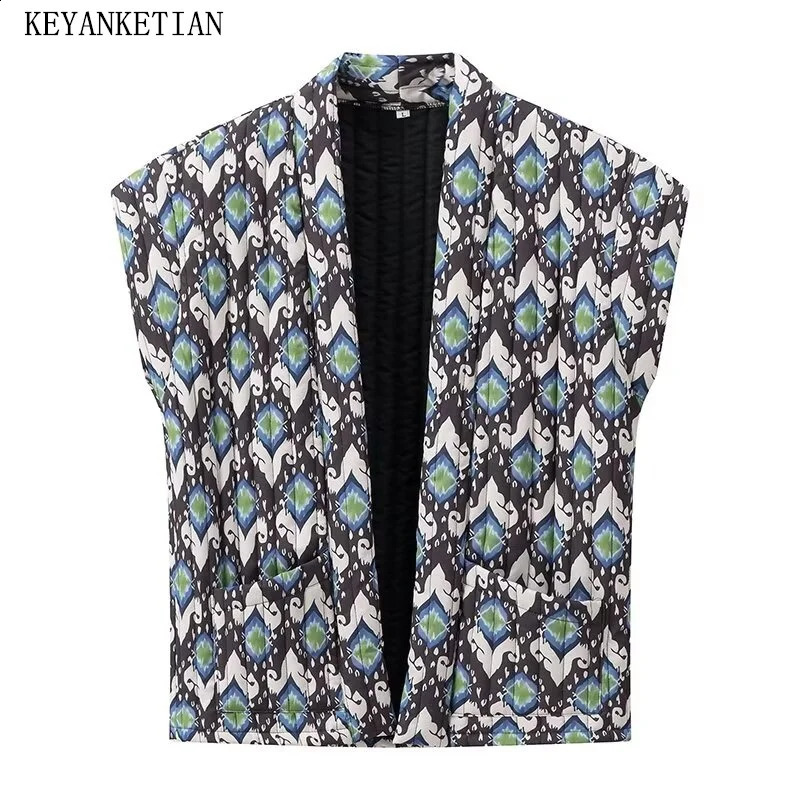 KEYANKETIAN launches ethnic style printed quilted vest top for womens retro double pocket thin loose sleeveless vest 240828