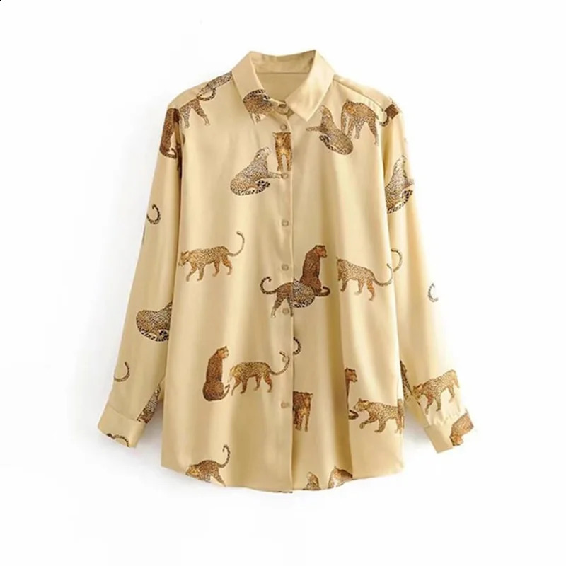 Womens animal print shirt satin effect long sleeved button tiger leopard shirt and blouse womens top 240828