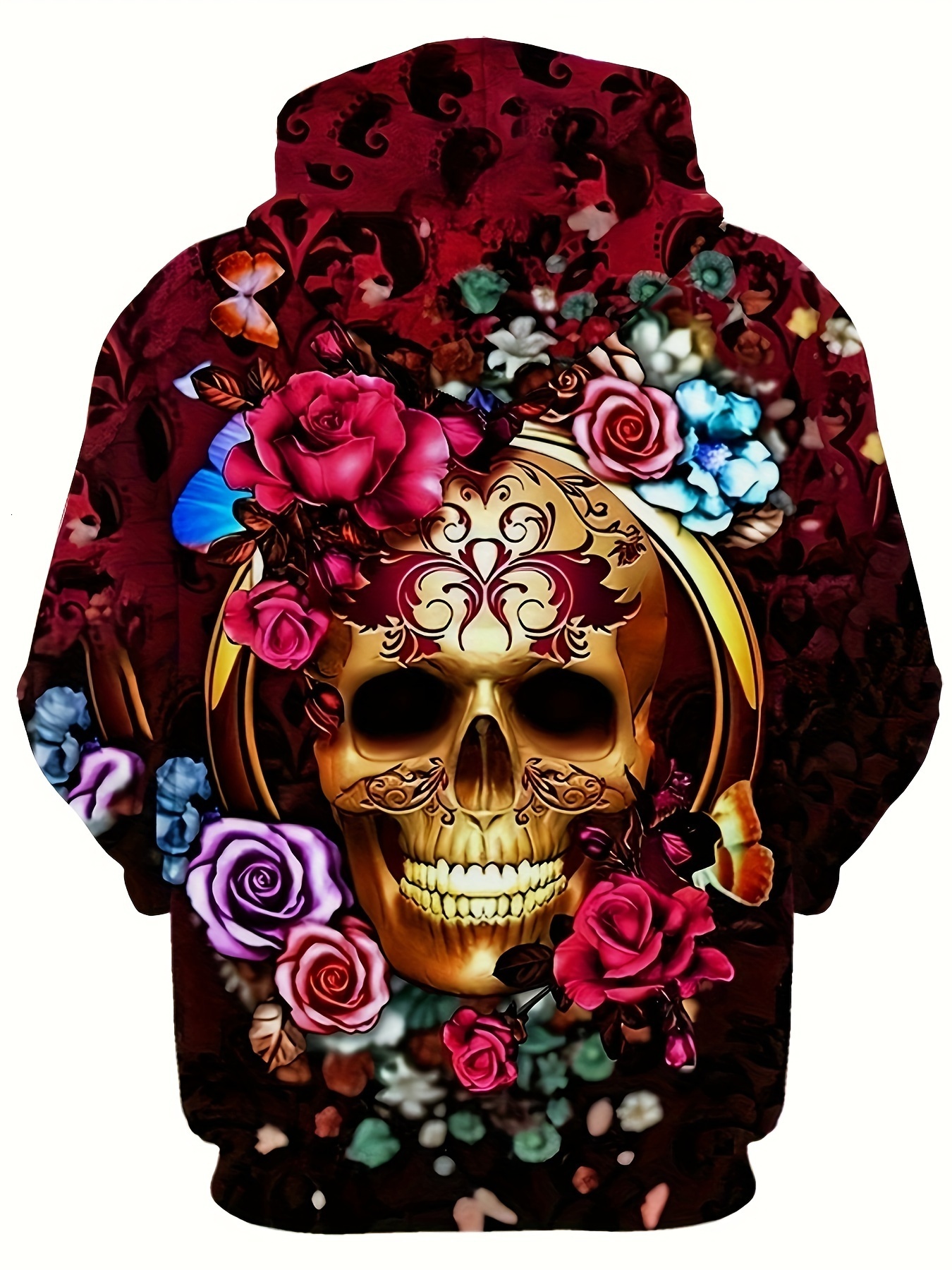 Halloween Men's 3D Digital Retro Style Golden Skull And Rose Print Hooded Sweatshirt With Kangaroo Pocket, Sports Fashion Hoodie For Spring And F