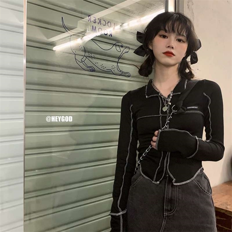 selling summer s T-shirt black irregular crop top ultra-thin polo collar long sleeved cardigan patchwork fashionable womens T-shirt 240827