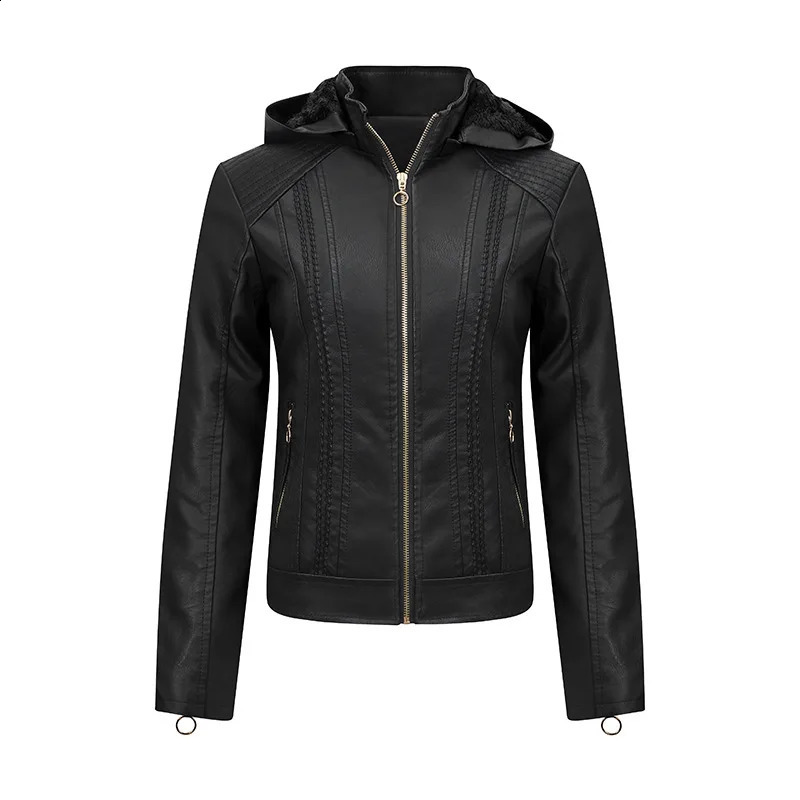 Maidangdi womens leather jacket with pleats slim hat suitable for large-sized fashionable leather jackets 240827