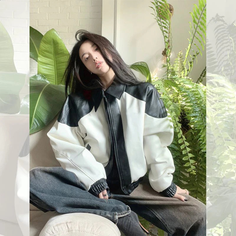 MEXZT streetwear Pu leather jacket womens oversized spliced work motorcycle jacket Bf Harajuku retro loose casual jacket top 240827