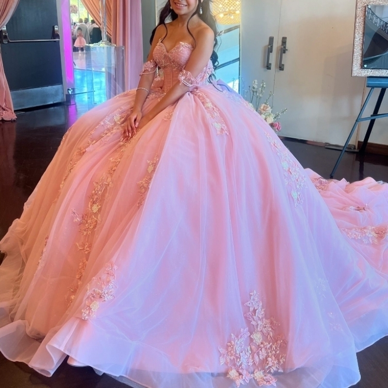 Pink Shiny Quinceanera Dresses Off The Shoulder Mexican Applique Lace Beads Tull Vestidos De 15 Princess Sweet 16 Birthday XV Ball Gown