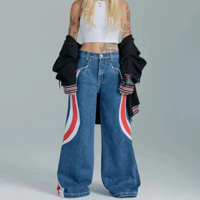 Deeptown Y2k Vintage Jeans Women Harajuku Baggy Streetwear Blue Denim Pants Hip Hop Wide Leg America Contrast Color Trousers 240827