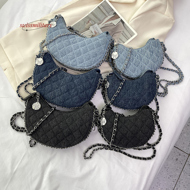 Swissmilitary 2024 new denim cloth women's fashion diamond grid embroidery thread chain crossbody bag, internet famous versatile crescent bag #31