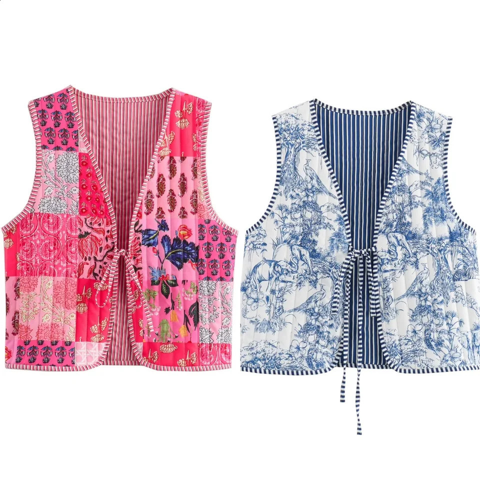 ZAURA Autumn Womens Retro Printed Loose Casual Sleeveless Bow Cotton Tank Top 240828