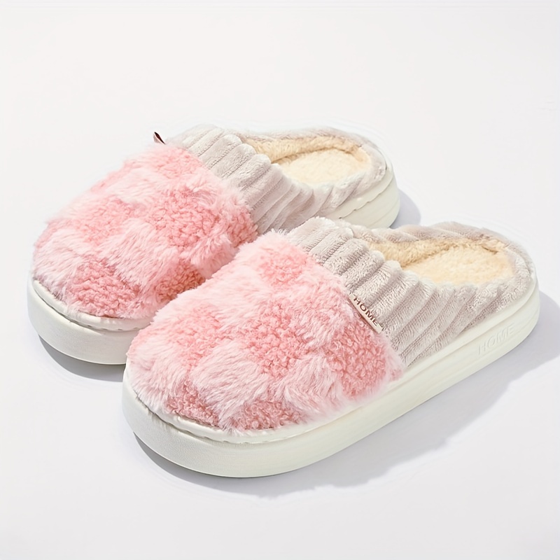 Cozy Plaid Plush Slippers - Soft fabric upper, comfortable closed toe, warm plush lining, PVC sole, casual slipper style, winter warmth - Great for in