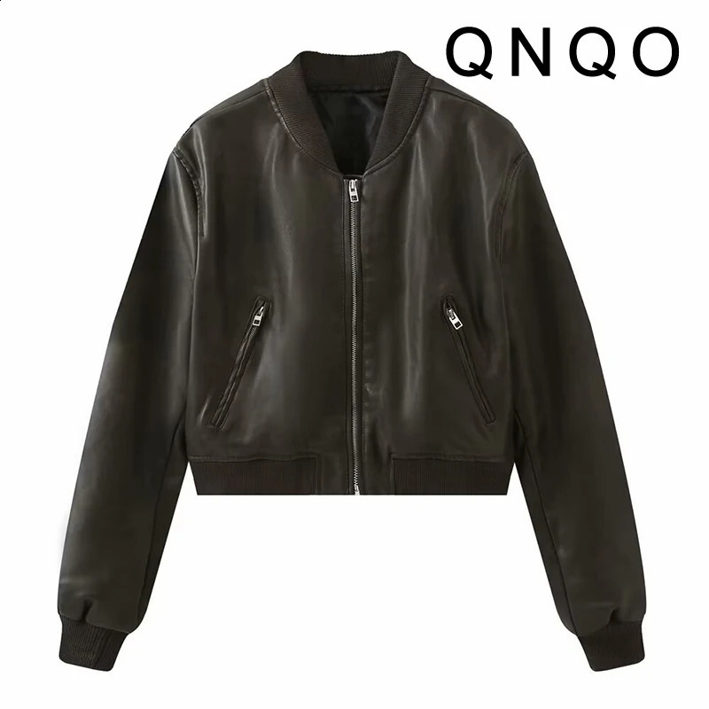 QNQO Womens Artificial Leather Jacket Zipper Fashion Casual Coat Autumn/Winter Street Clothing Fashion Long Sleeve Womens Jacket 240827