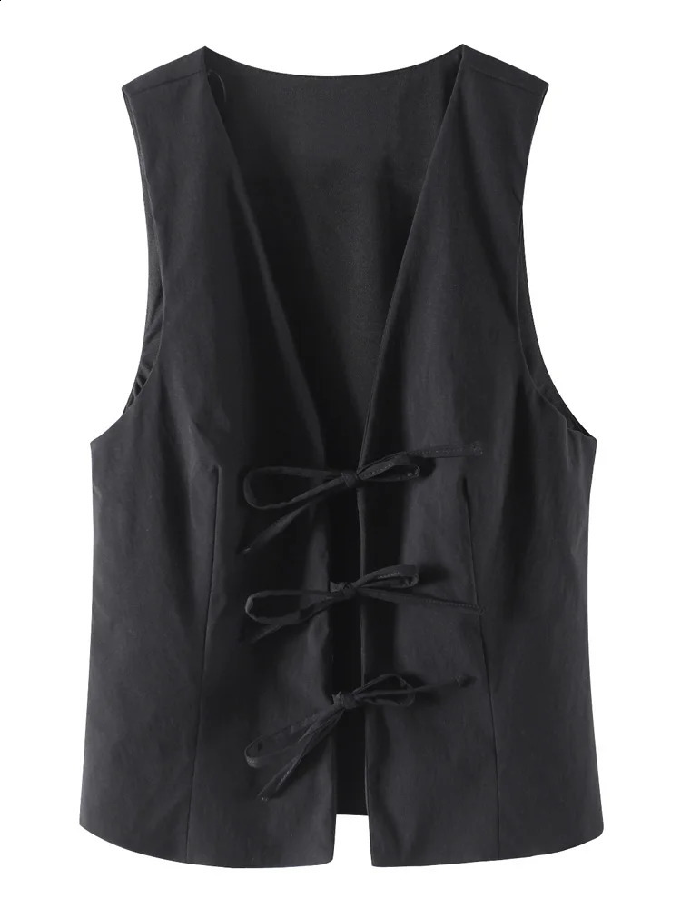 KAOPU ZA womens retro V-neck sleeveless jacket with tie chic top 240828