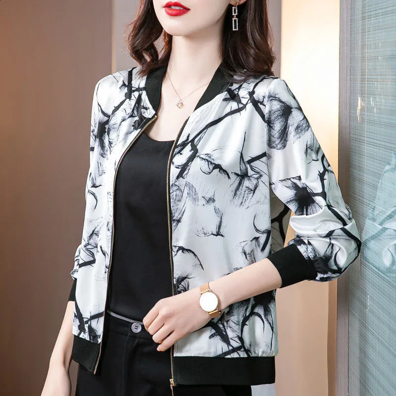 Spring/Summer Fashion Trend Silk Short Round Neck Printed Loose Edition Large Casual Jacket Long Sleeve Coat 240827