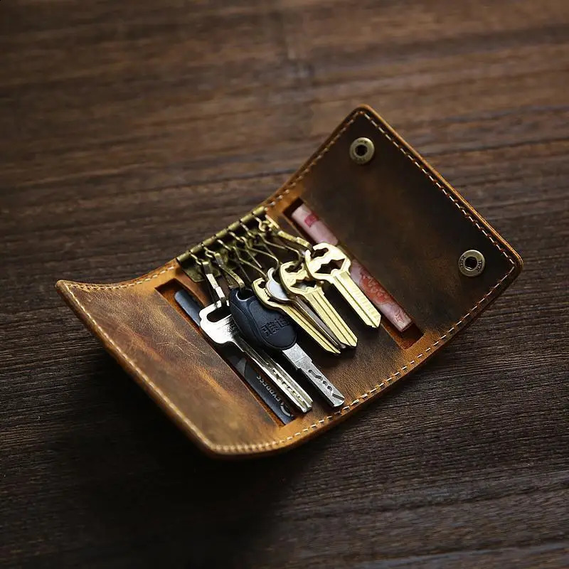 100% Genuine Leather Men Key Wallets Multifunctional Men Key Holder Car Key Pouch Retro Card Holder 240828