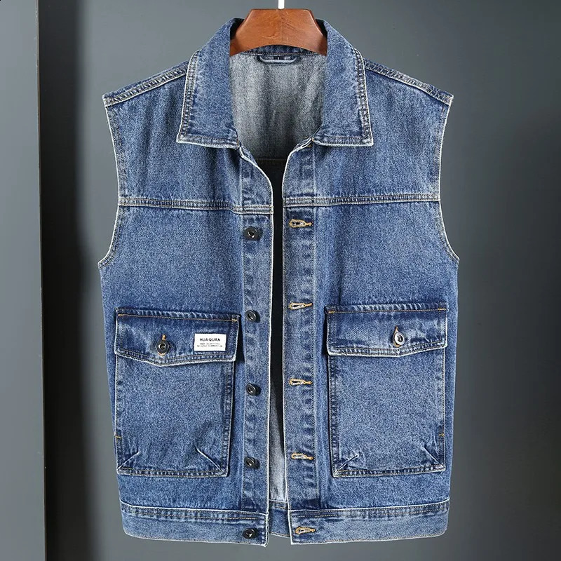 SpringAutumn Mens Solid Color Pocket Denim Tank Top Loose Jeans Jacket Casual Sleeveless D714 240827