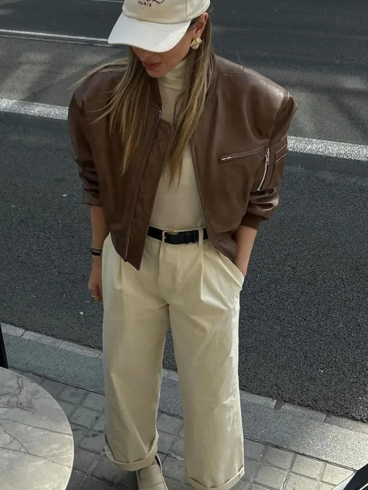 Round neck zipper short jacket retro arm pocket bomber jacket loose casual commuting womens motorcycle jacket spring autumn 240827