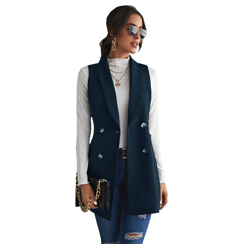 Womens jacket double chest long jacket retro ultra-thin waist jacket womens sleeveless 240828