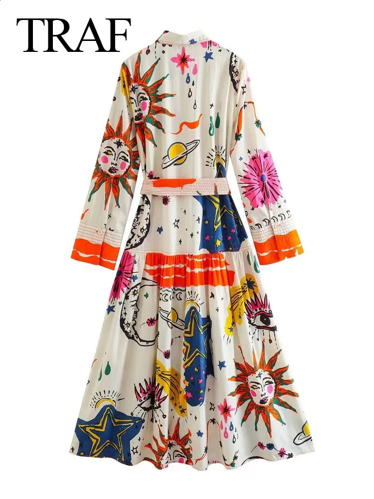 TRAF Womens Summer Bohemian Long Dress Printed Lace Top Single Chest Sleeve Loose Beach Vacation 240828