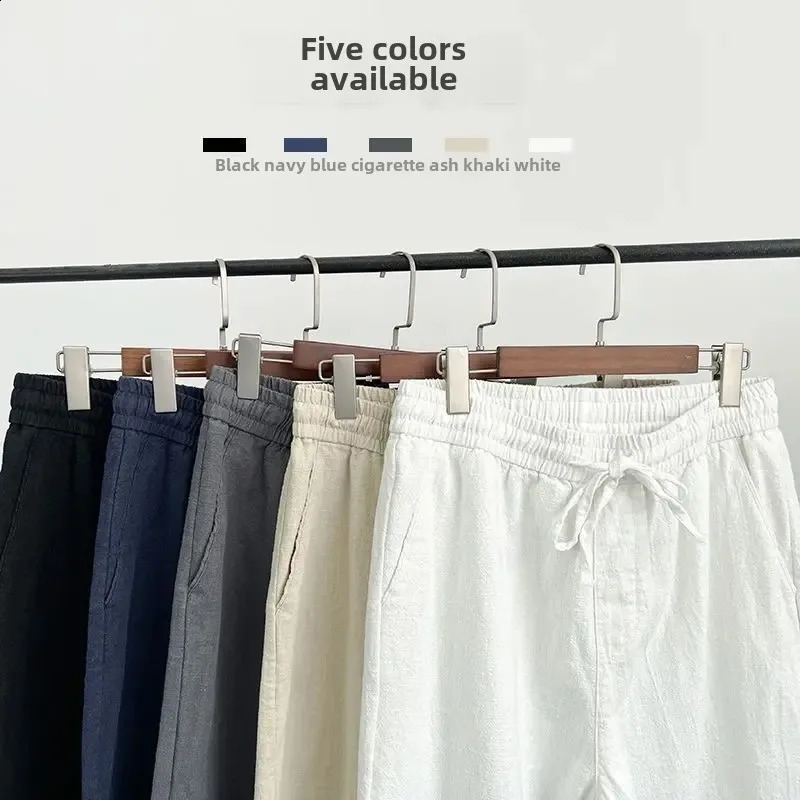 Mens high-quality linen pants for spring and autumn Chinese cotton linen casual pants white loose fit straight leg pants 240828