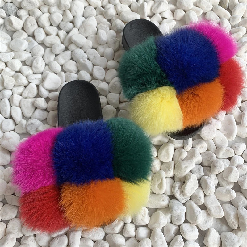 Fur slider factory supplies mixed color Pom six ball fox fur multi-color fluffy fur slider 240827 ww